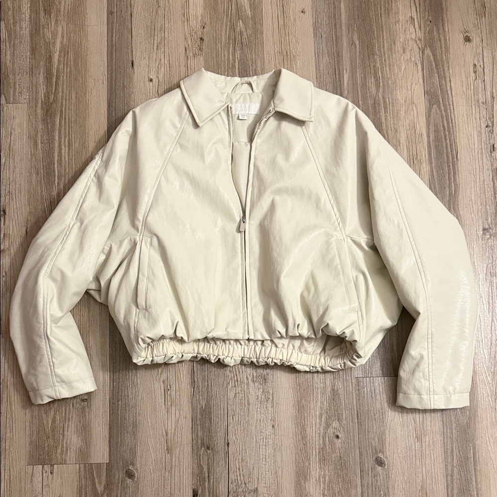 ZARA cream bomber faux leather jacket